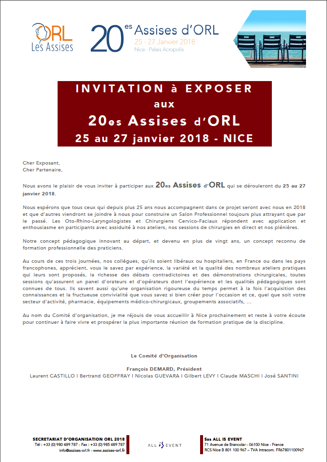 INVITATION À EXPOSER AUX 20ES ASSISES D'ORL